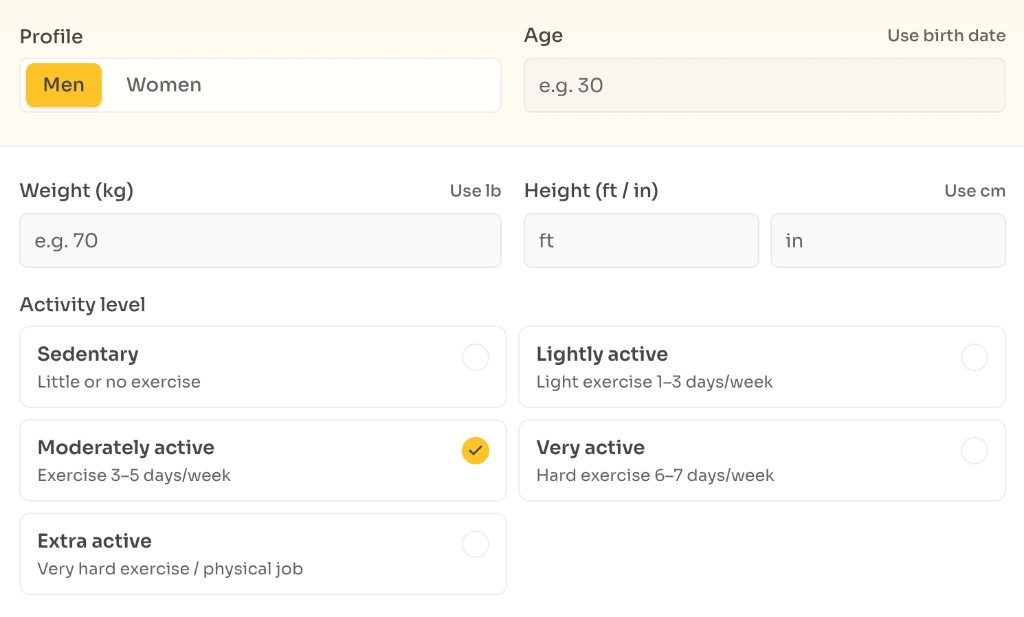 How to calculate TDEE — Choose profile and units — Select profile, age, weight, height, and activity level in the TDEE calculator