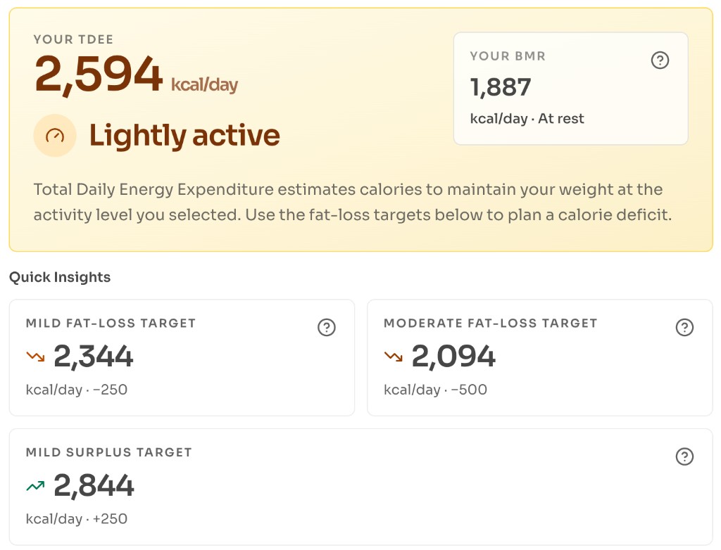 How to calculate TDEE — Review TDEE and fat-loss targets — View TDEE, BMR, and Quick Insights fat-loss calorie targets